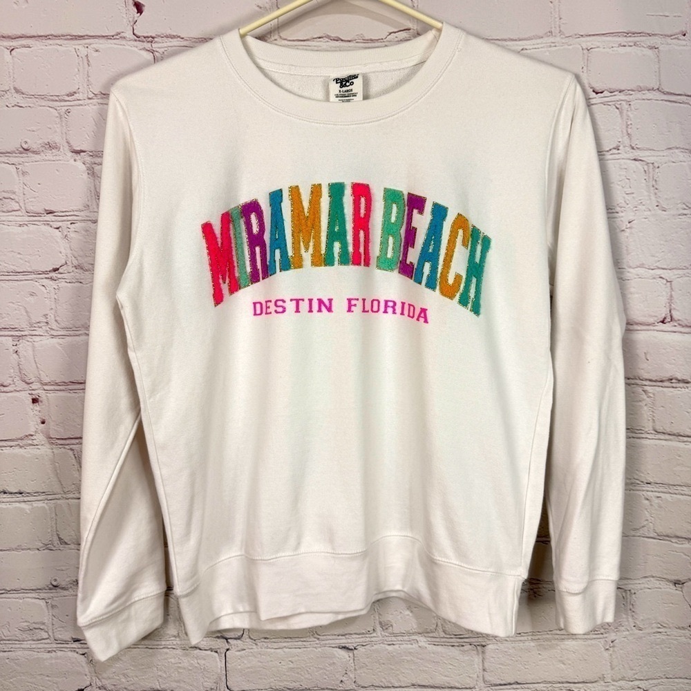 Vacation sweater sweatshirt Miramar Beach White Crew Neck Multicolor Graphics XL
